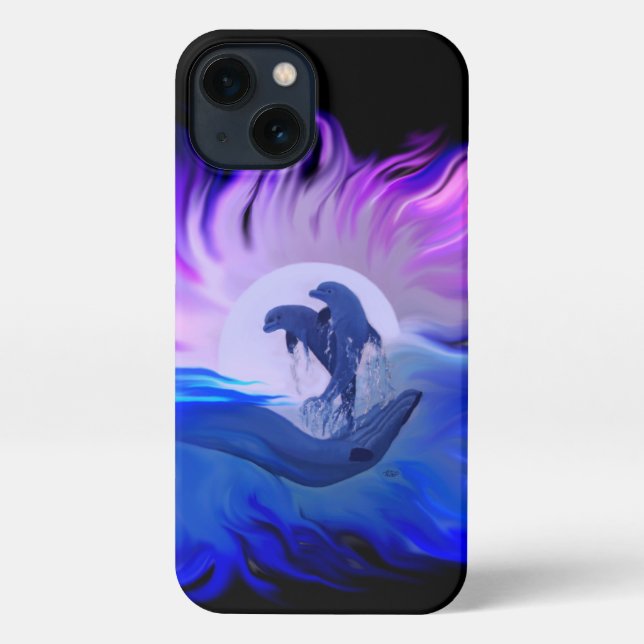 Funda Para iPhone Delfines en la luna (Reverso )