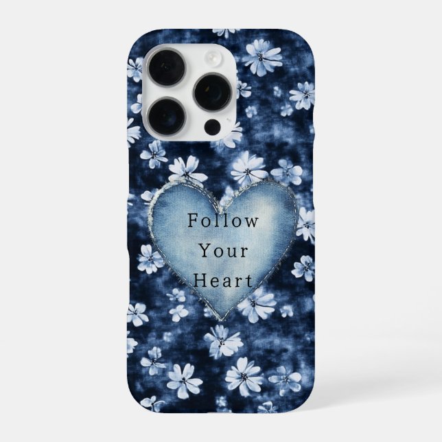 Funda Para iPhone Denim Blanco Azul Flores Corazón (Reverso)