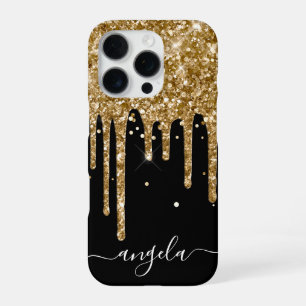 Funda Para iPhone 16 Pro Destellos de purpurina dorada Firma Glam negra