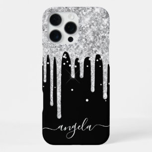 Funda Para iPhone 16 Pro Max Destellos de purpurina plateada Brillo negro Firma