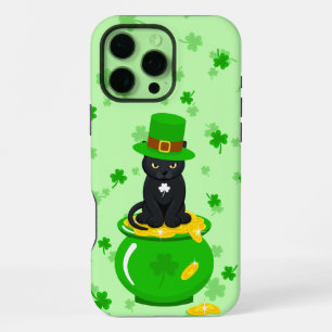 Funda Para iPhone 16 Pro Max Día de San Patricio Trébol Olla de Oro Gato Negro