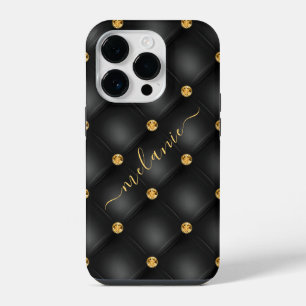 Funda Para iPhone 14 Pro Diamante Dorado Negro Tufted Tu Nombre