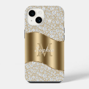 Funda Para iPhone 14 Diamantes, gran monograma dorado, nombre en letra