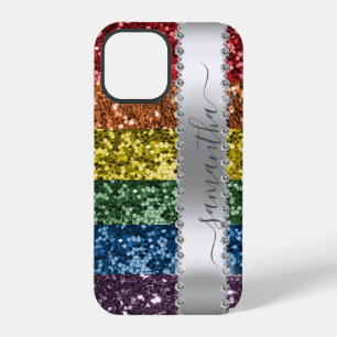 Funda Para iPhone 12 Pro Diamond Bling Purpurina caligrafía nombre arcoiris