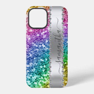 Funda Para iPhone 12 Pro Diamond Bling Purpurina caligrafía nombre arcoiris