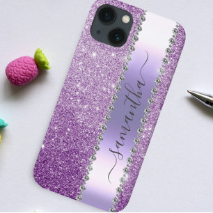 Funda Para iPhone 14 Diamond Bling Purpurina caligrafía nombre púrpura