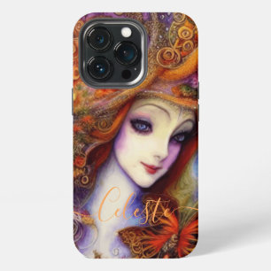 Funda Para iPhone 13 Pro Diosa Del Jardín Y Mariposa En Azules Acuarela