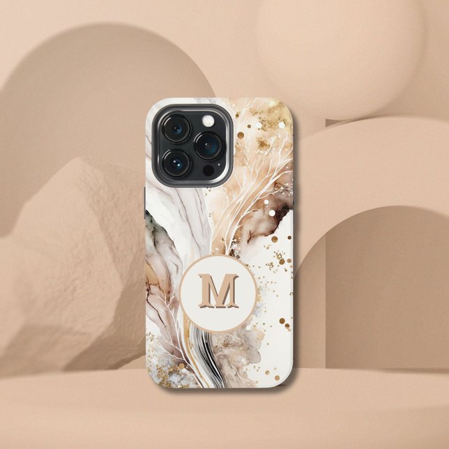 Funda Para iPhone Diseño abstracto de mármol dorado marrón con monog (Subido por el creador)
