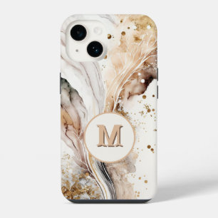 Funda Para iPhone 14 Diseño abstracto de mármol dorado pardo con monogr