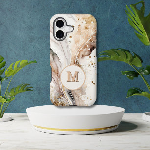 Funda Para iPhone 16 Plus Diseño abstracto de mármol dorado pardo con monogr