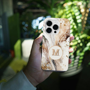 Funda Para iPhone 14 Pro Diseño abstracto de mármol dorado pardo con monogr