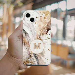 Funda Para iPhone 14 Diseño abstracto de mármol dorado pardo con monogr
