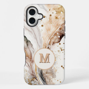Funda Para iPhone 16 Plus Diseño abstracto de mármol dorado pardo con monogr