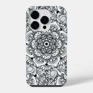 Funda Para iPhone 14 Pro Diseño blanco de mandala floral negra elegante