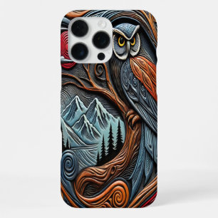 Funda Para iPhone 16 Pro Max Diseño de búho colorido con montañas y puesta de s