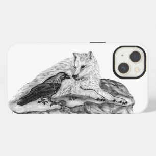 Diseño en blanco y negro de lobo y cuervo