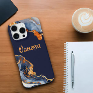 Funda Para iPhone 16 Pro Max Diseño personalizado de mármol azul marino y dorad