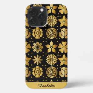 Funda Para iPhone 13 Pro Max Doodle de oro de patrón floral nombre personalizad