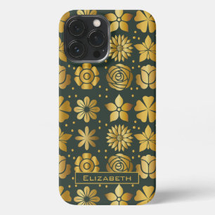 Funda Para iPhone 13 Pro Max Doodle dorado floral patrón nombre personalizado