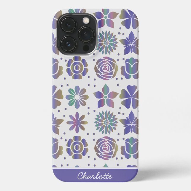 Funda Para iPhone Doodle púrpura estampado floral nombre personaliza (Reverso )