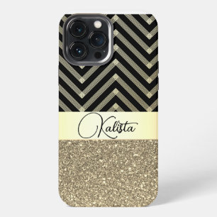 Funda Para iPhone 13 Pro Max Dorado Brillante y Chevron Negro Personalizado