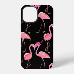 Funda Para iPhone 12 Dos flamencos rosados sobre fondo negro. Sin costu