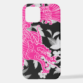 Funda Para iPhone 12 Dragón asiático - Rosa sobre floral negra