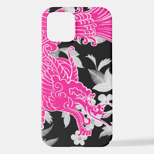 Funda Para iPhone Dragón asiático - Rosa sobre floral negra (Reverso )