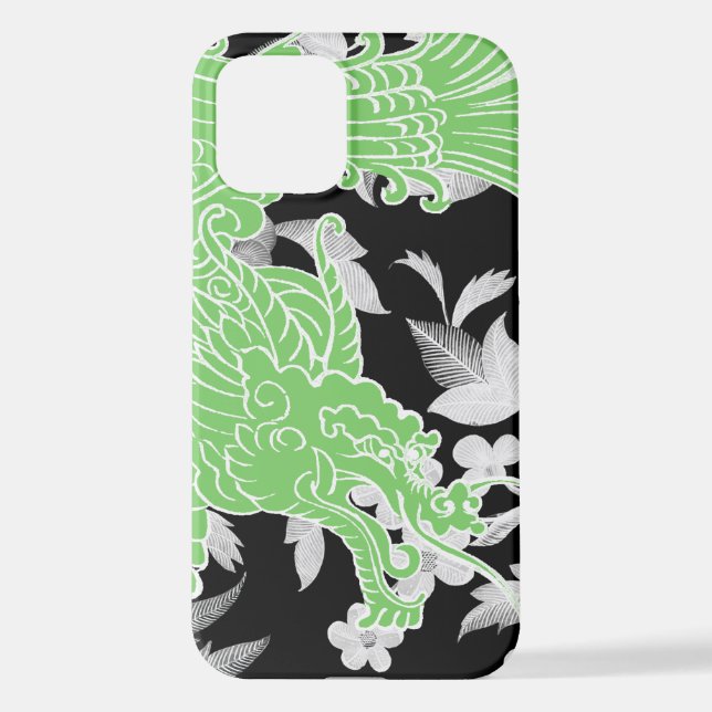Funda Para iPhone Dragón asiático - Verde animado sobre flor negra (Reverso )