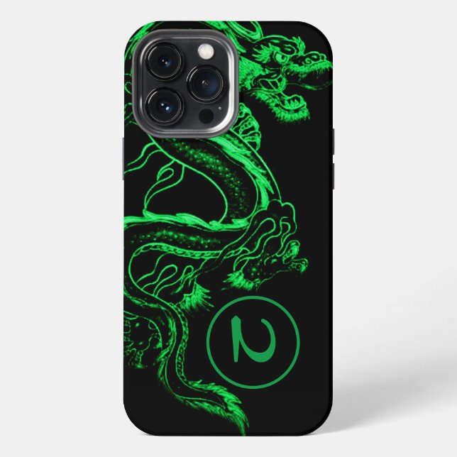 Funda Para iPhone Dragón asiático verde monogramado (Reverso )