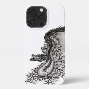Funda Para iPhone 13 Pro Dragón chino, diseño blanco y negro en tatuostyl