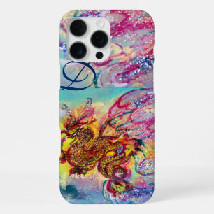 FUNDA PARA iPhone 16 PRO MAX DRAGÓN DE MAR EN CHISPEANTES AZUL ORO MONOGRAMA