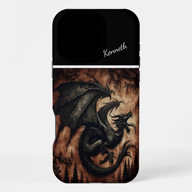 Funda Para iPhone Dragón Negro Elevándose Sobre el Bosque (Reverso )