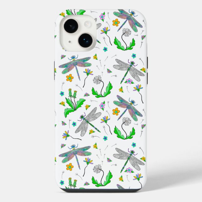 Funda Para iPhone Dragonflies caprichoso y Dandelions de mano (Reverso)