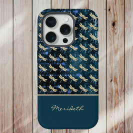Dragonflies Gold sobre fondo verde azul vintage