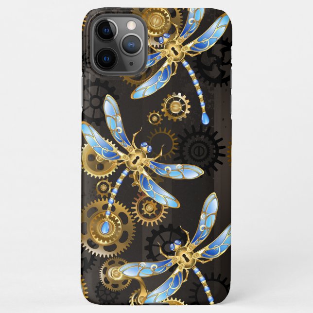Funda Para iPhone Dragoniscos de Steampunk sobre fondo rayado marrón (Reverso)