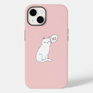 Funda Para iPhone 14 Duste rosa Funny dibujo de gato blanco Hola