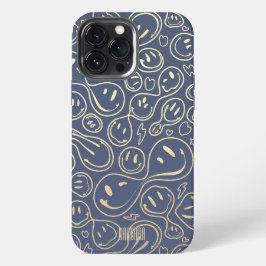 Funda Para iPhone 13 Pro Max Dusty Blue Gold Sonríe Face Patrón moderno