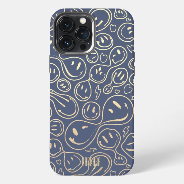 Funda Para iPhone Dusty Blue Gold Sonríe Face Patrón moderno (Reverso )