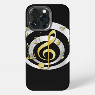 Funda Para iPhone 13 Pro Efecto 3D Retro de Notas Musicales de Oro y Plata