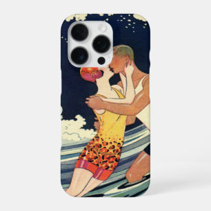 Funda Para iPhone 16 Pro El Art Deco Vintage ama el beso en las olas de la