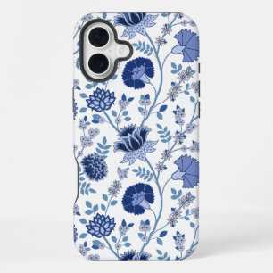 Funda Para iPhone 16 Plus El azul del gran patrón de flores jacobeas en blan