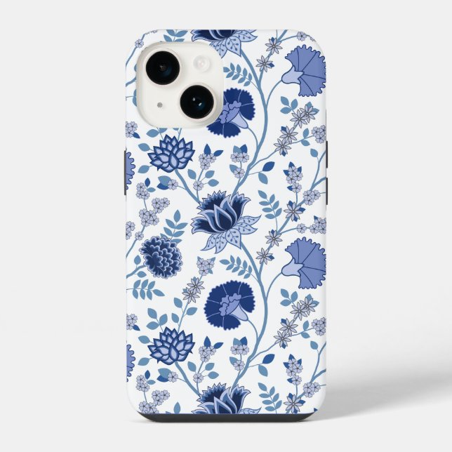 Funda Para iPhone El azul del gran patrón de flores jacobeas en blan (Reverso )