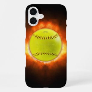 Funda Para iPhone 16 Plus El softball de SlipperyJoe en el fuego fuego fuego