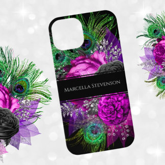 Funda Para iPhone 14 Elegant Floral Monogram Peacock Feather Glitter