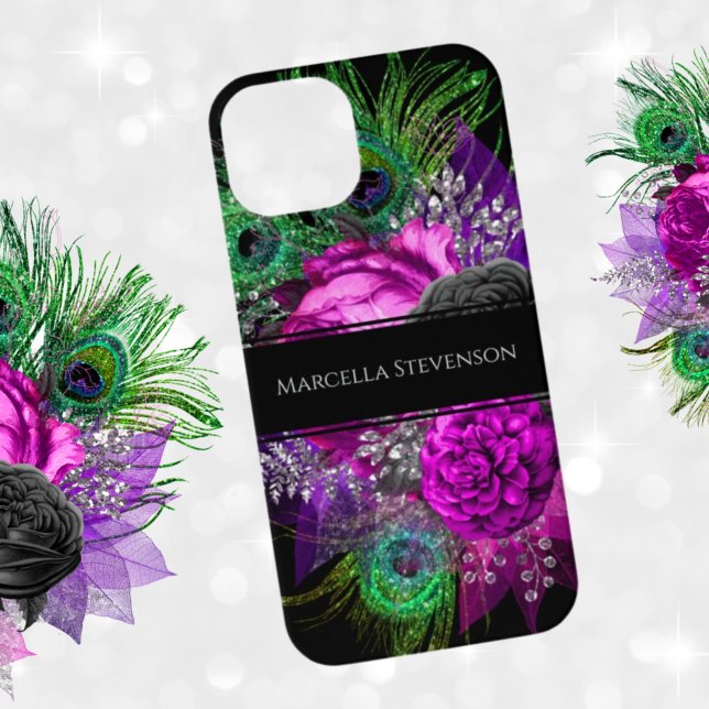 Funda Para iPhone Elegant Floral Monogram Peacock Feather Glitter (Subido por el creador)