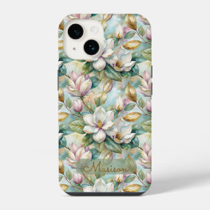 Funda Para iPhone 14 Elegant Magnolias Flowers Gold with Name