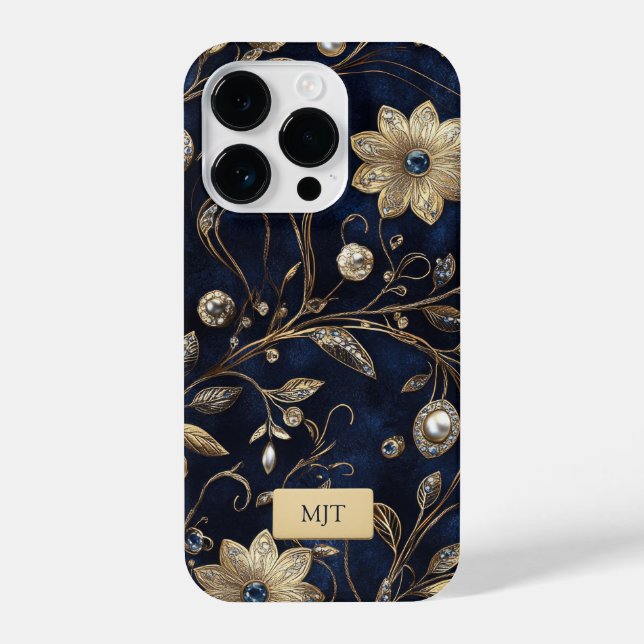 Funda Para iPhone Elegant Navy Gold Floral Phone Case (Reverso )