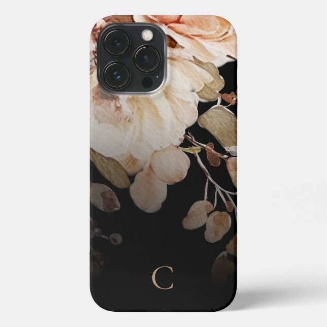 Funda Para iPhone Elegante acuarela Floral Monograma negro (Reverso )