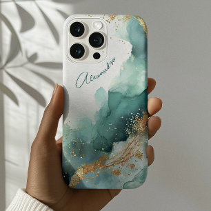 Funda Para iPhone 16 Pro Max Elegante agua turquesa y oro Abstracto Acuarela No